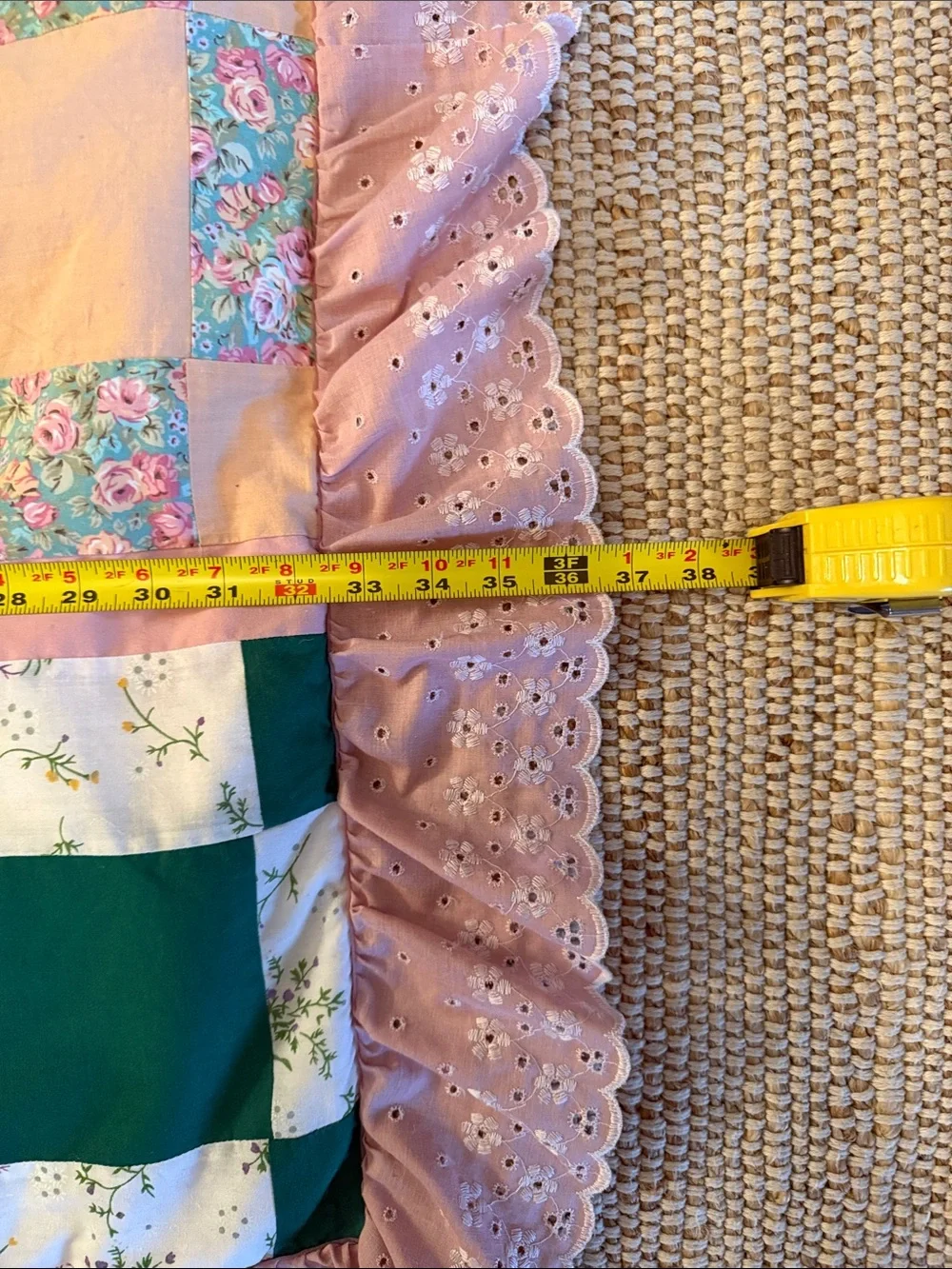Handmade Pink Patchwork Quilted Pillowcase with Floral Accents